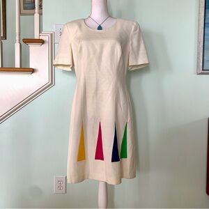 Vintage Junniette Cream Rayon Geometric Triangle Lined Retro Dress 8 80s 90s